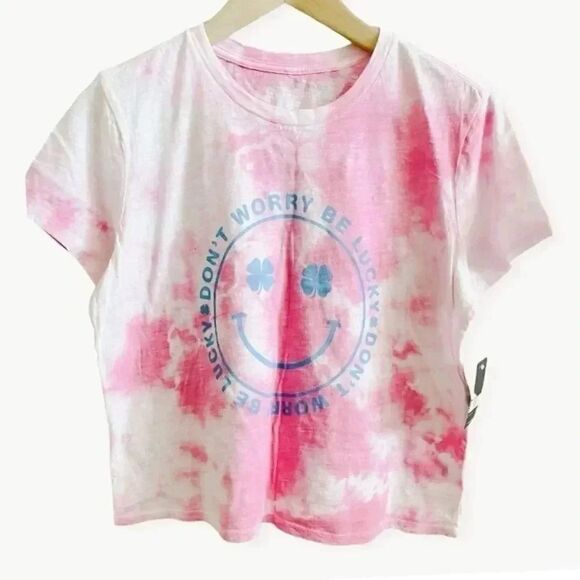 NWT Lucky Brand Pink Tie Dyed Cropped Smiley Face T-Shirt - Picture 1 of 3